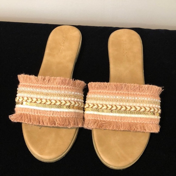 Bamboo Boho Fringe Beaded Embellished Slide Sandals Size 8.5 - Picture 1 of 6